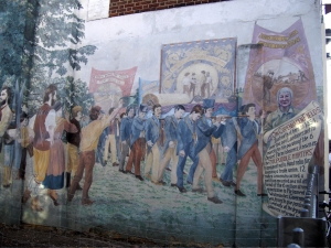 The mural showing the Martyr's at the Copenhagen St entrance to Edward Square. The mural is threatened with destruction as The Mitre pub on whose wall it it sited is up for sale.
